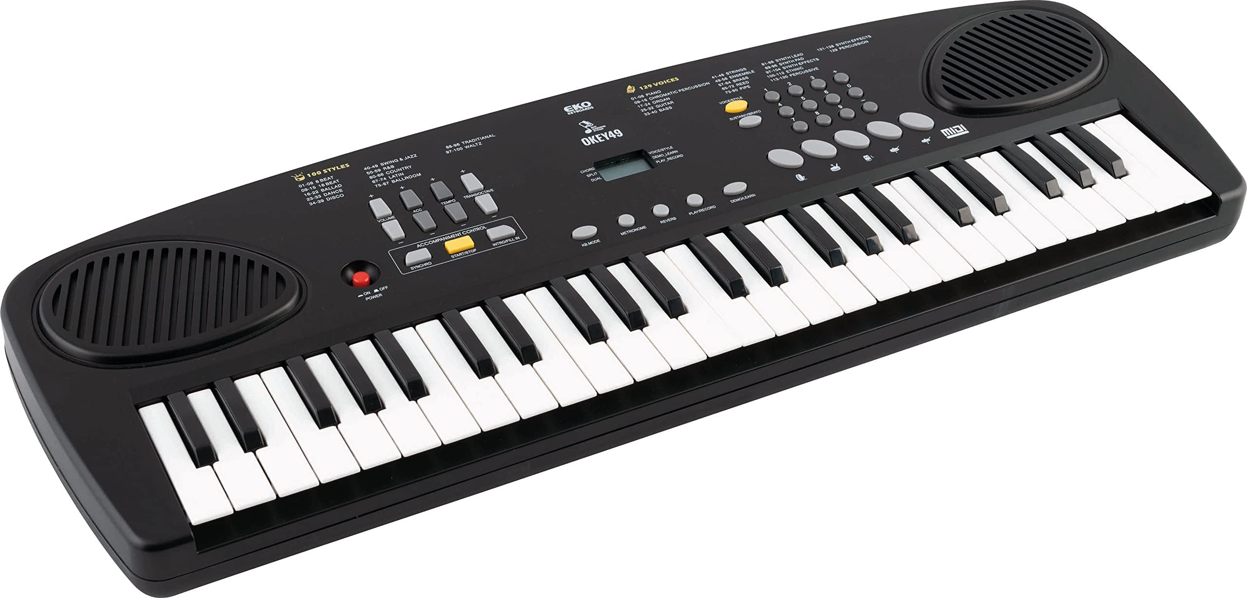 EKO Keyboards Okey - Teclado digital portátil de 49 teclas, 49 teclas, 49 teclas, mini 4 octavas, 129 sonidos, 100 estilos, compacto y ligero, ideal para la escuela secundaria, incluye estuche