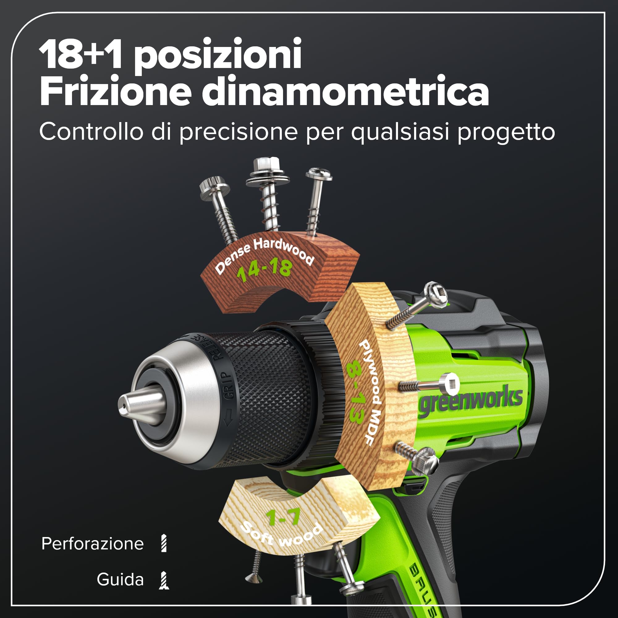 Greenworks 24V Cordless Brushless 45Nm Trapani a percussione, leggero, luce di lavoro a LED, frizione 18 + 1 senza USB-C batteria e caricabatteria