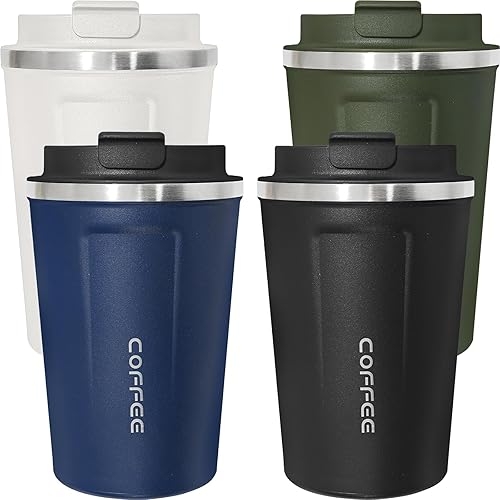 Paquete de 4 Tazas de Café de Viaje de 12 onzas Taza de Café Aislada con Tapa, Taza de Café Térmica Reutilizable de Acero Inoxidable Vaso Térmico de