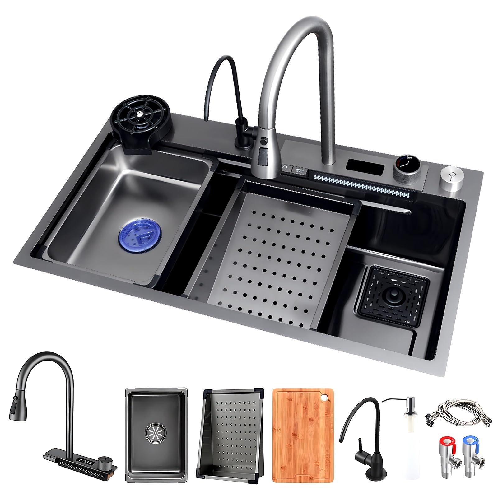 Fregadero de Cocina Grande Tipo Cascada, Fregadero Inteligente con Grifo extraíble, Kit de Lavado de Tazas y desagüe, Fregadero de Acero Inoxidable de un Solo Seno Estilo Granja pa