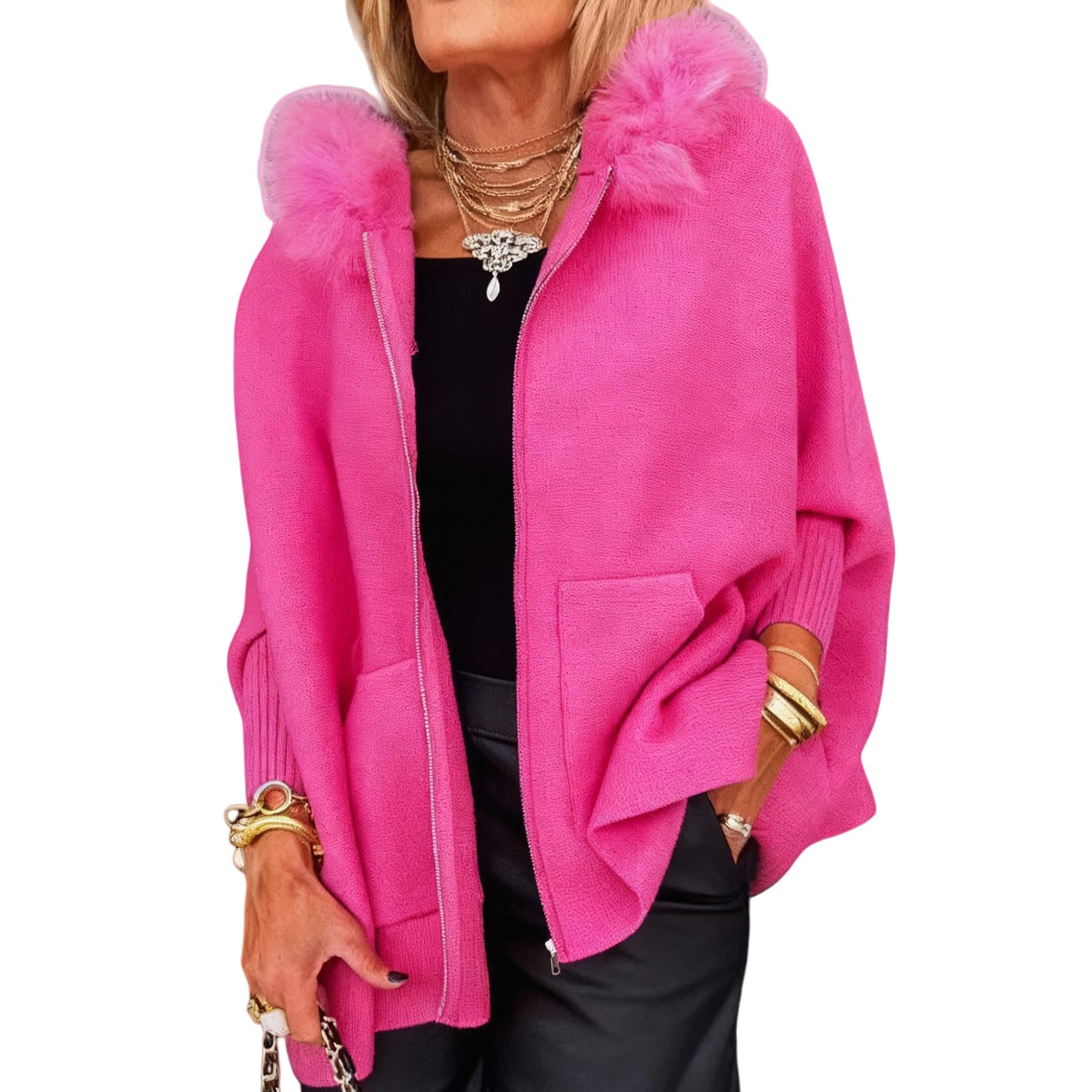 Womens Winter Poncho Cape Casual Fur Collar Jacket Shawl Wrap Stole Knit Cardigan Lightweight Long Sleeve Cloak
