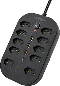 Extensao Eletrica, Extensão Tomada, Régua Tomada, Régua de Energia, 10 Tomadas, 3 Interfaces USB, 1 Porta USB Tipo-C, Cabo de Alimentação de 1,9 metros, Suporte a Tensão de 110-220V, Preto