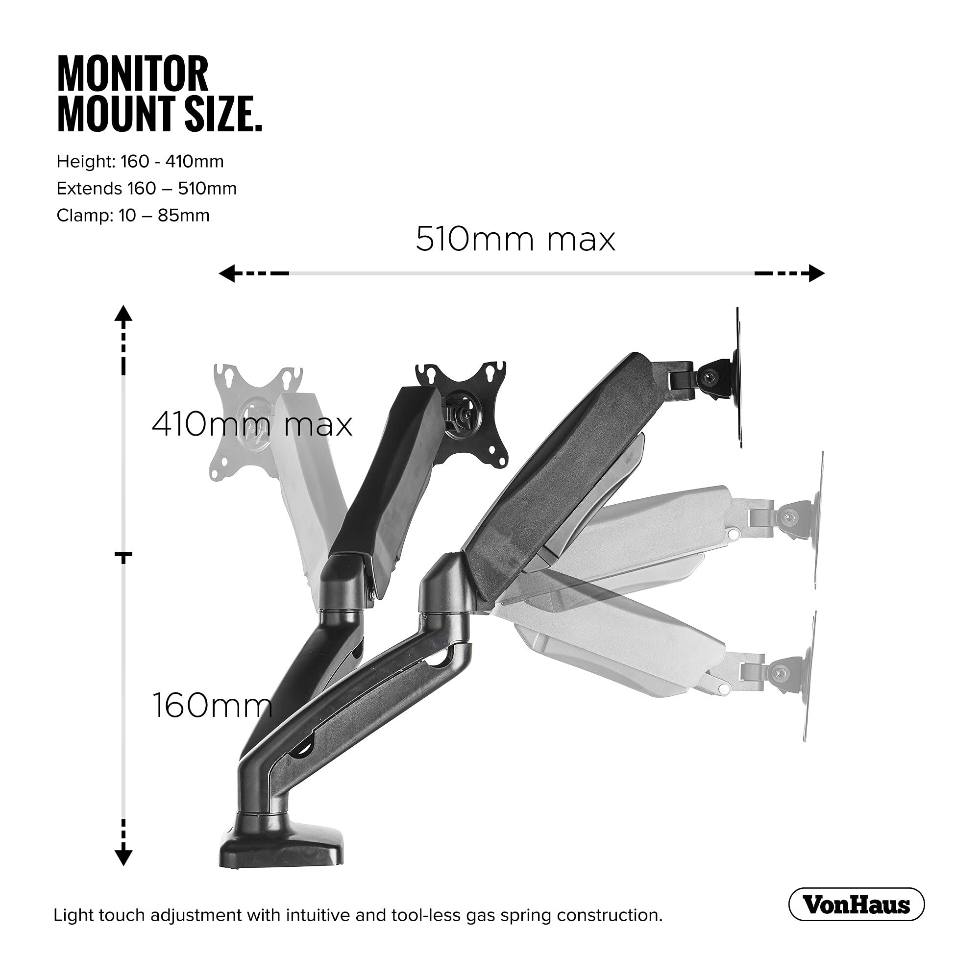 VonHaus Dual Monitor Arm Full Motion for 1732” Screens Gas Spring