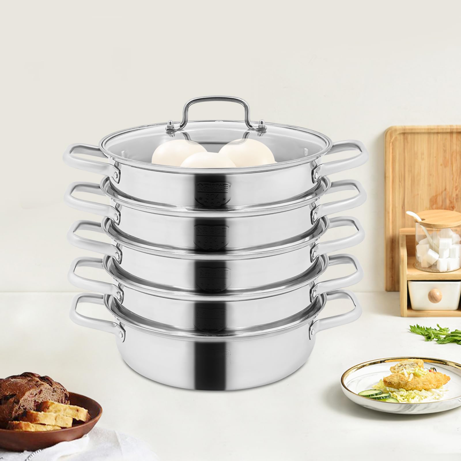 Fornello a vapore a 5 ripiani, pentola a vapore in acciaio inox con coperchio in vetro, pentola a pressione, per fornelli a gas, a induzione, fornelli elettrici (argento 28 cm)