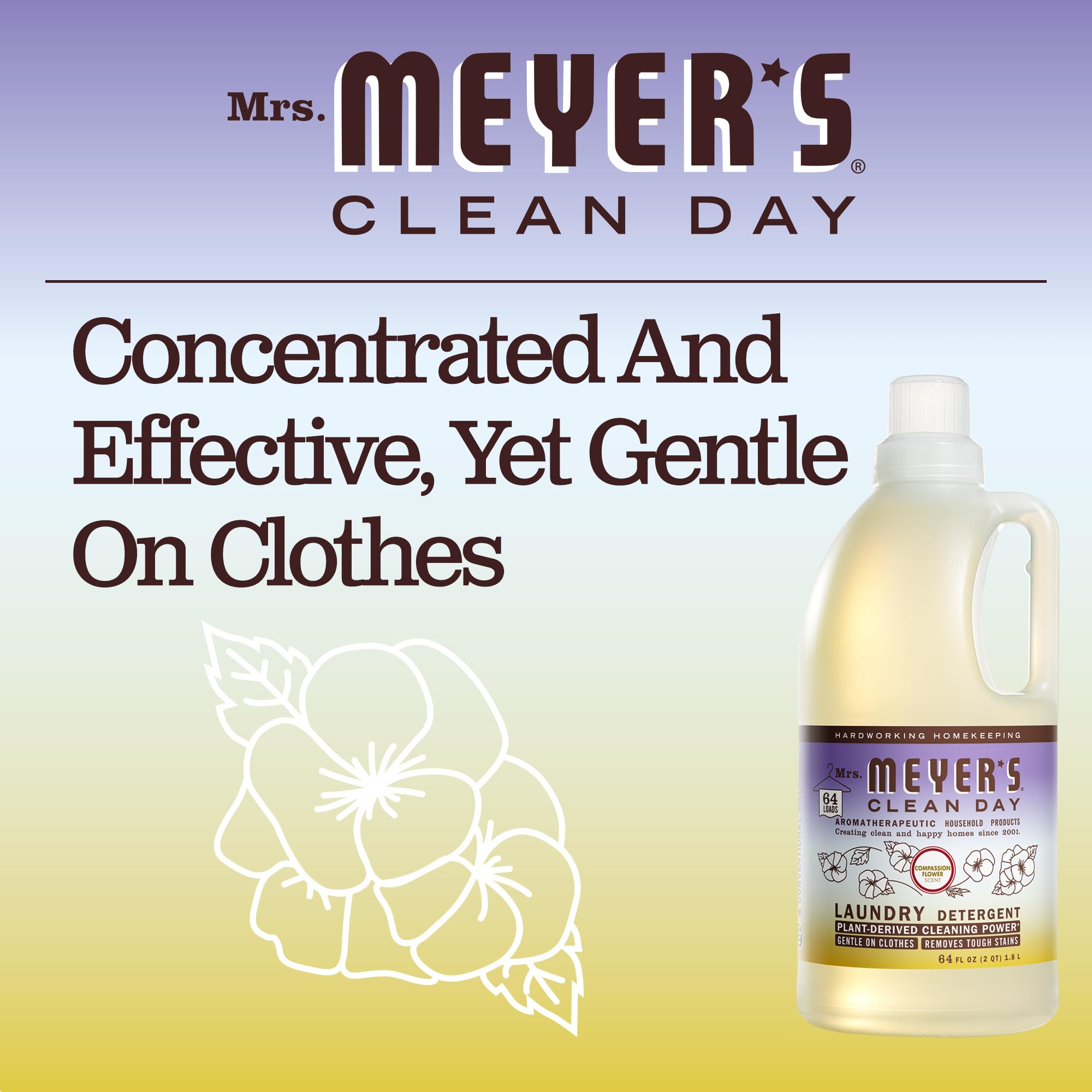 MRS. MEYER'S CLEAN DAY Liquid Laundry Detergent, Infused with Essential Oils, Compassion Flower, 64 oz - Pack of 2 (128 Loads)