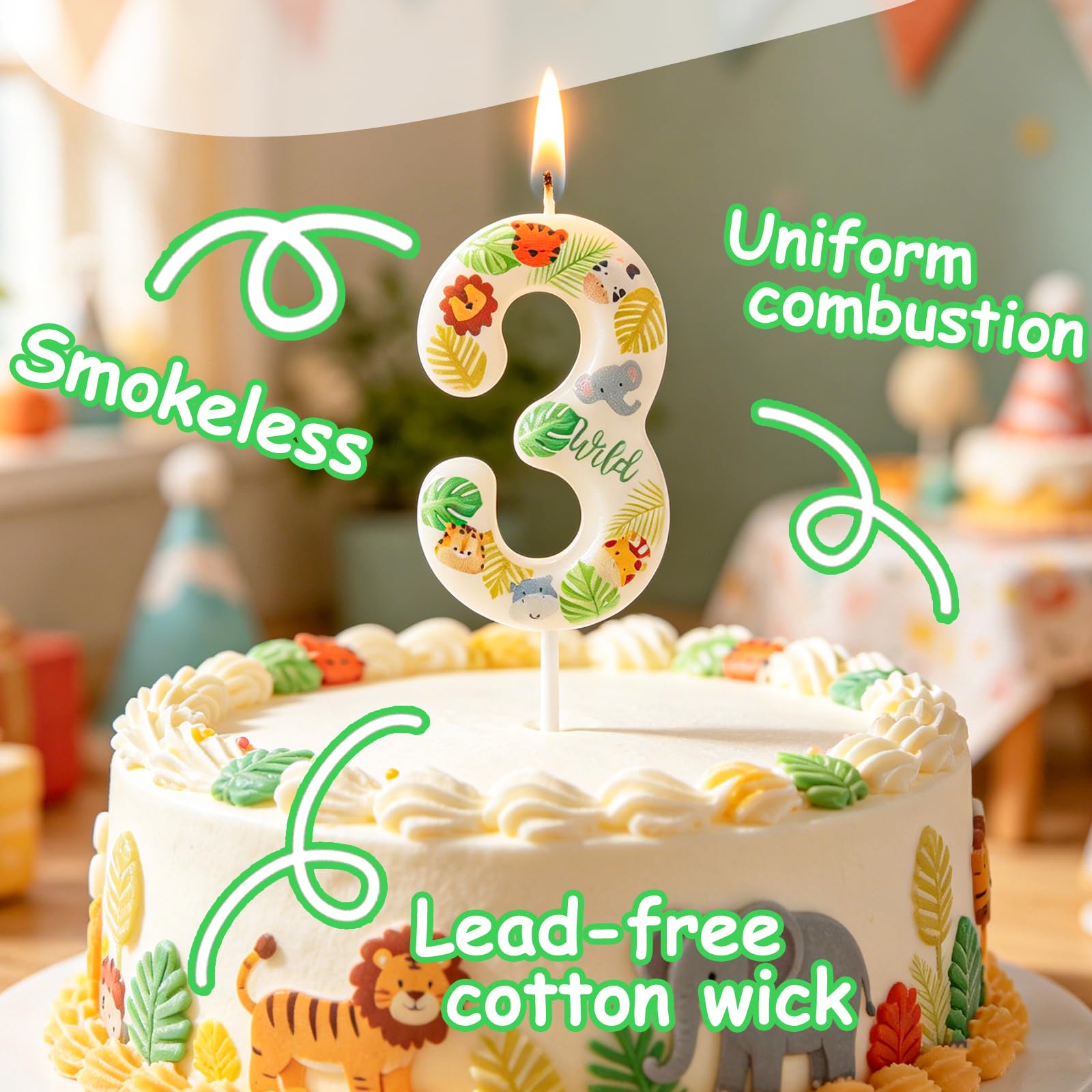 Yiran Safari Animal Number 2 Birthday Candle, Wild One Jungle Themed Cake Topper, Tropical Palm Leaf Party Decorations for 2nd Birthday Boys Girls Baby Shower — view 3