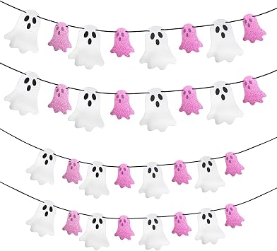 Pastel Pink & White Halloween Ghost Garland - 4Pcs Sparkly Ghost Banner Decor for Mantle, Haunted House, Party, Cute & Spooky Indoor Home Decoration