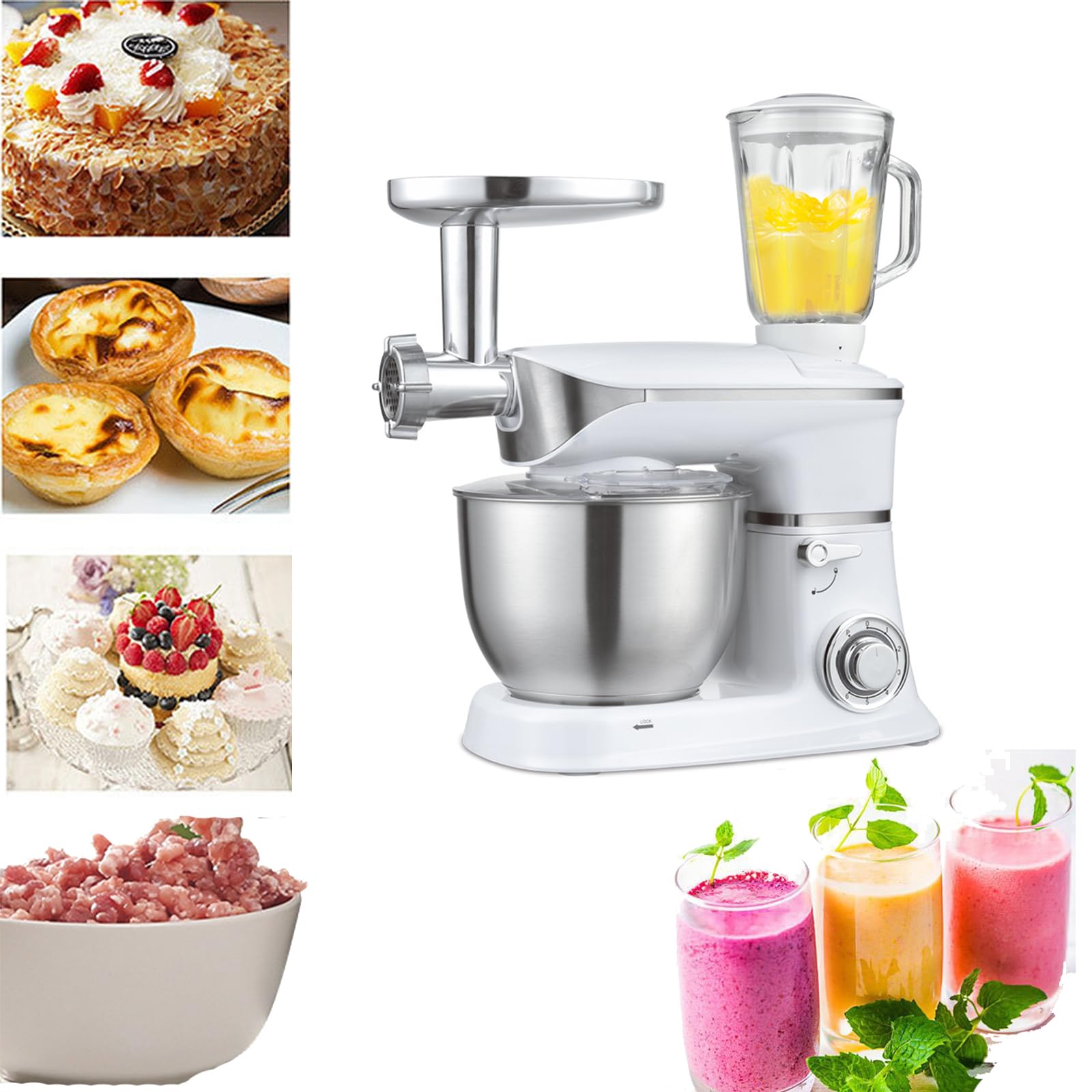 Mikser stojący do robota kuchennego, 1300 W, maszyna 3 w 1 z młynkiem do mięsa, sokowirówką, 6 prędkościami, hak do ciasta, trzepaczka, płaski mikser do gotowania w domu