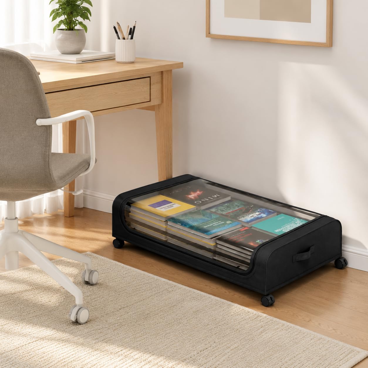 Scatole portaoggetti da 48 l, con ruote e coperchio con cerniera, pieghevoli, di grande capacità, per vestiti, biancheria da letto, scarpe e giocattoli, colore nero, confezione da 2