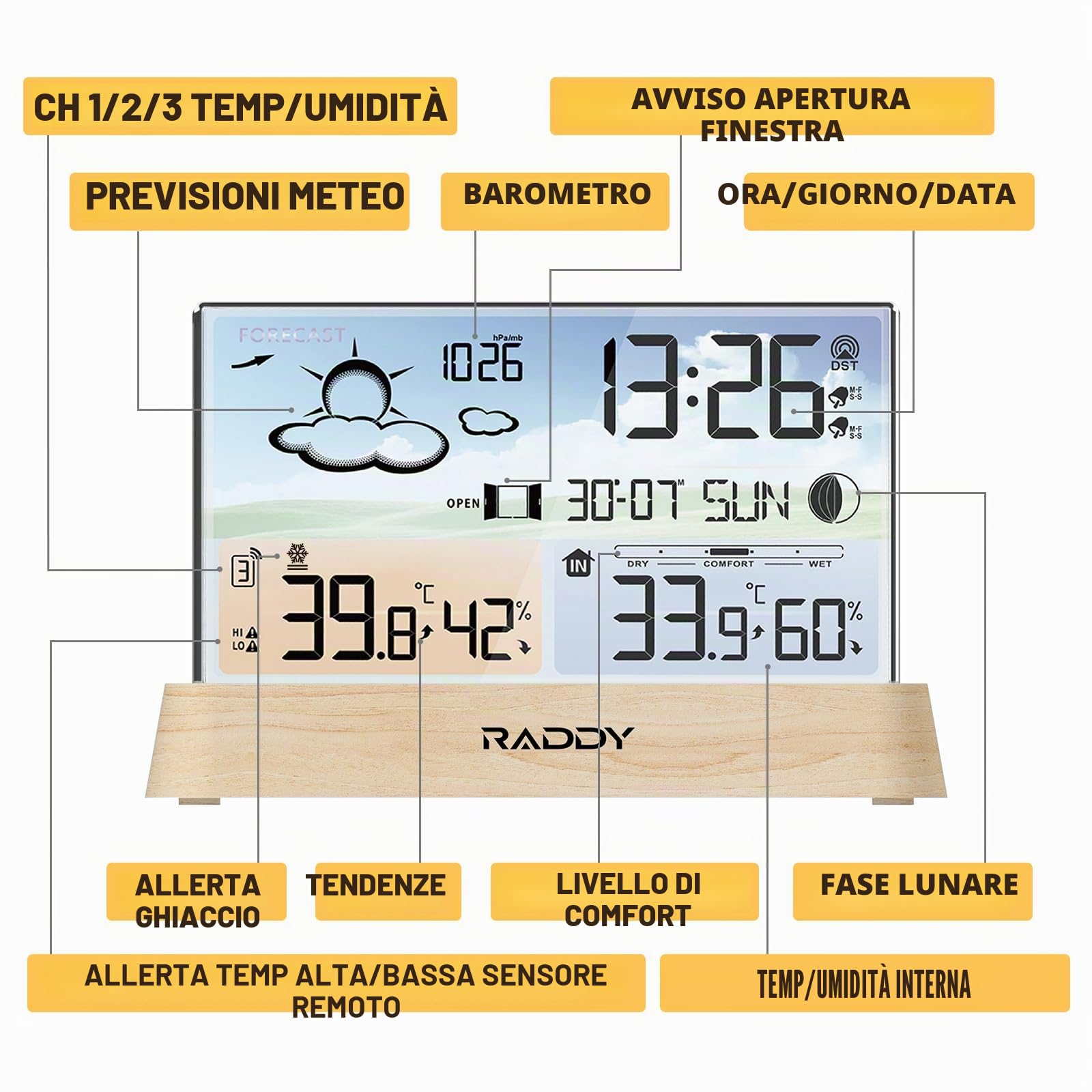 Raddy DT6, stazione meteo per interni ed esterni, orologio radio DCF, display digitale a colori, termometro igrometro, previsioni meteo e barometro