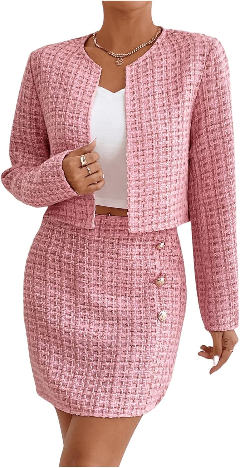 Floerns Women's 2 Piece Outfits Plaid Tweed Blazer Long Sleeve Jacket and Skirt Set - Image 3