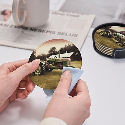 Miniatura 7 de Old Tractor Photo Farm Juego de 6 posavasos con soporte de cuero, protector de mesa para bar, decoración de tazas, almohadilla para mesa de café,