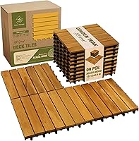 GREENALLUVIUM Acacia Wood Interlocking Deck Tiles 12x12 - 9PCS Golden Teak Striped Patio Flooring for Balcony Backyard All-Weather