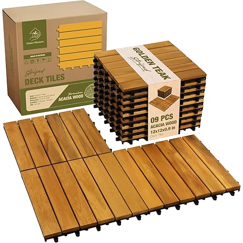 Premium Acacia Wood Interlocking Deck Tiles, 9 PCS 12"x12"x0.9" Patio Flooring, Outdoor Waterproof Decking Tiles for Balcony, Backyard & Patio, All Weather Use (Golden Teak – Striped Pattern)