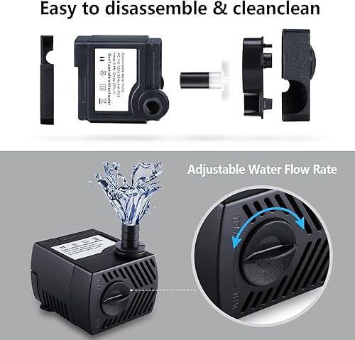 Miniatura 3 de Bomba sumergible para fuente, 2 paquetes de 80 GPH (4 W 300 LH), bomba de agua silenciosa con elevación de 2.6 pies de alto, bomba de agua con tubo