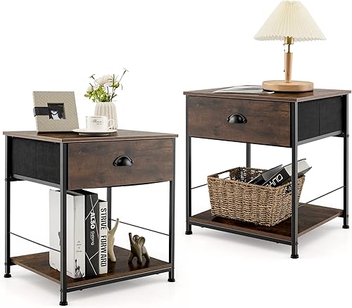 Giantex Mesita de noche con cajones, mesita de noche con contenedores de tela extraíbles y asa de tirador, marco de metal resistente, lateral