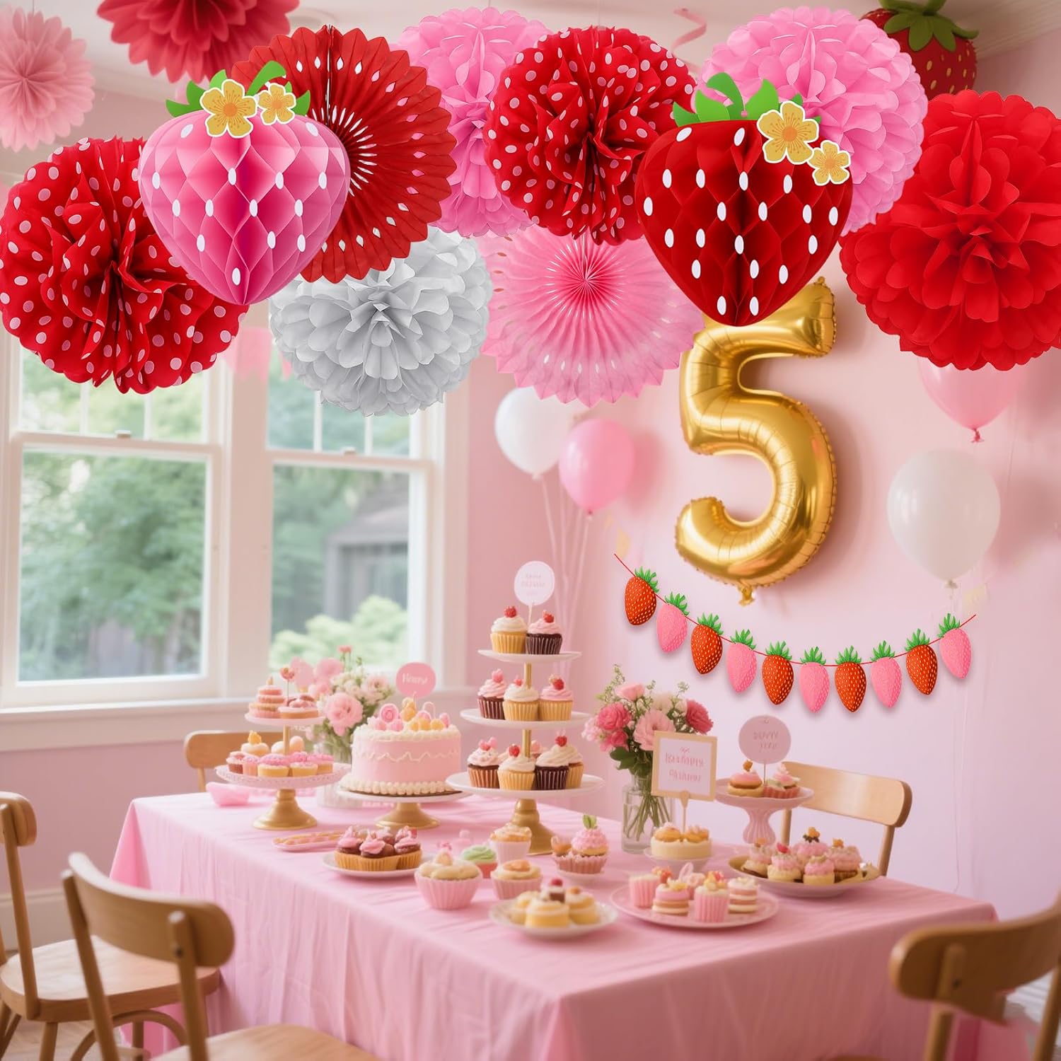 15 Pcs Strawberry Paper Fan Tissue Pom Poms Party Decorations, Strawberry Honeycomb Ball Garland Berry Banner Decor for Birthday, Baby Bridal Shower, Berry First Sweet Party Decorations Supplies - Image 5