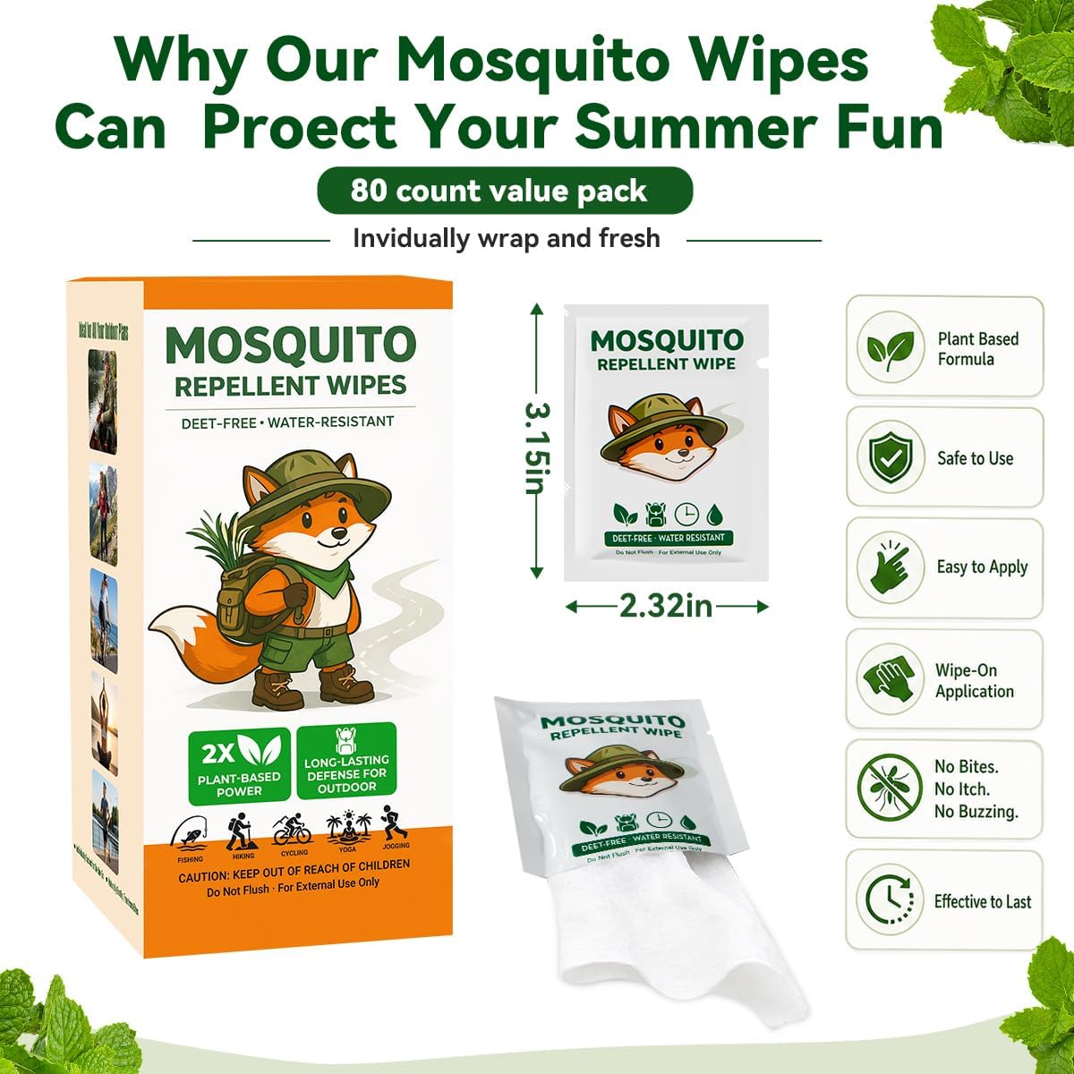80 Count Mosquito Defense Wipes, Individually Wrapped Outdoor Bug Wipes, Fresh and Non-Greasy, Natural Citronella Insect Towelettes, Travel Size Packets for Patio, Hiking and Camping