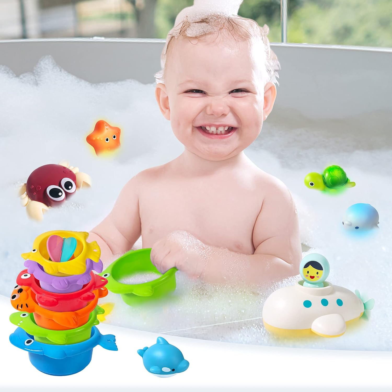 PATIFEED Bath Toys Gifts for Age 3 4 5 6 7 8+ Years Old Kids Boys Girls Toddlers - Swim Pool Bathtub Tub Toys for Toddlers, Stacking Cup with Wind Up Water Toys for Baby Birthday Christmas : Toys & Games