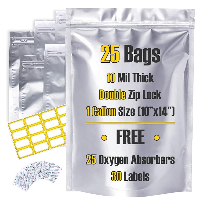 Buy 10 Mil Thick 1 Gallon Double Ziplock 25 Pcs Mylar bags with Oxygen