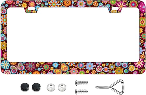 Miniatura 8 de Marcos de matrícula de fondo floral vintage nostálgico retro, marcos de matrícula con protección contra el óxido, acero inoxidable, tornillos