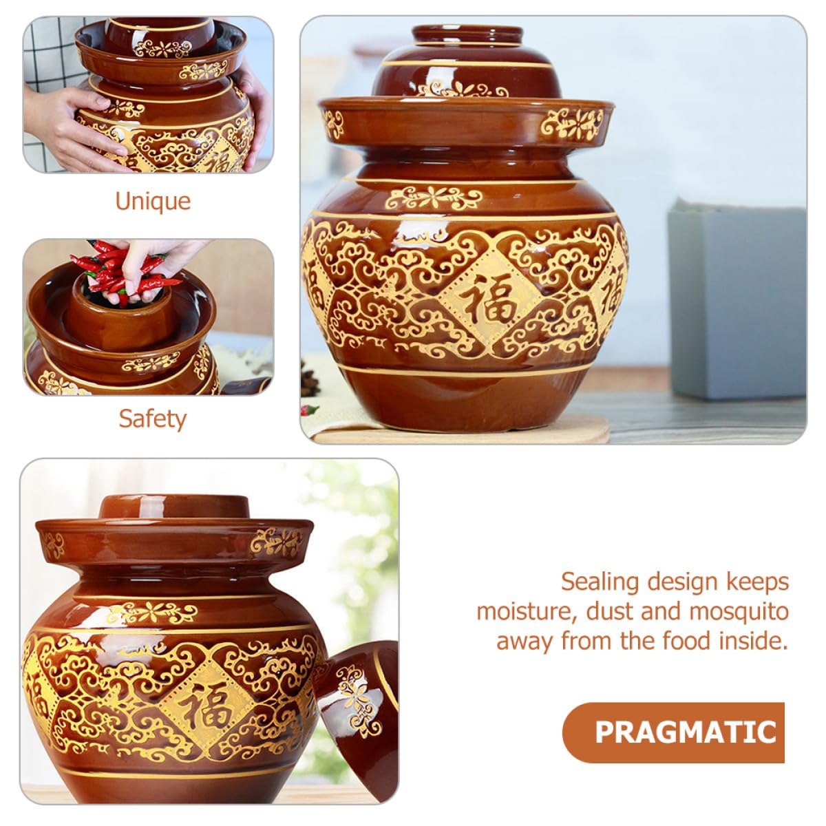 1set Barattolo per Sottaceti in Terracotta Tradizionale con Coperchio Ermetico Vaso Sigillato per Conservazione Alimentare Domestica Capacità Design Grana Casuale