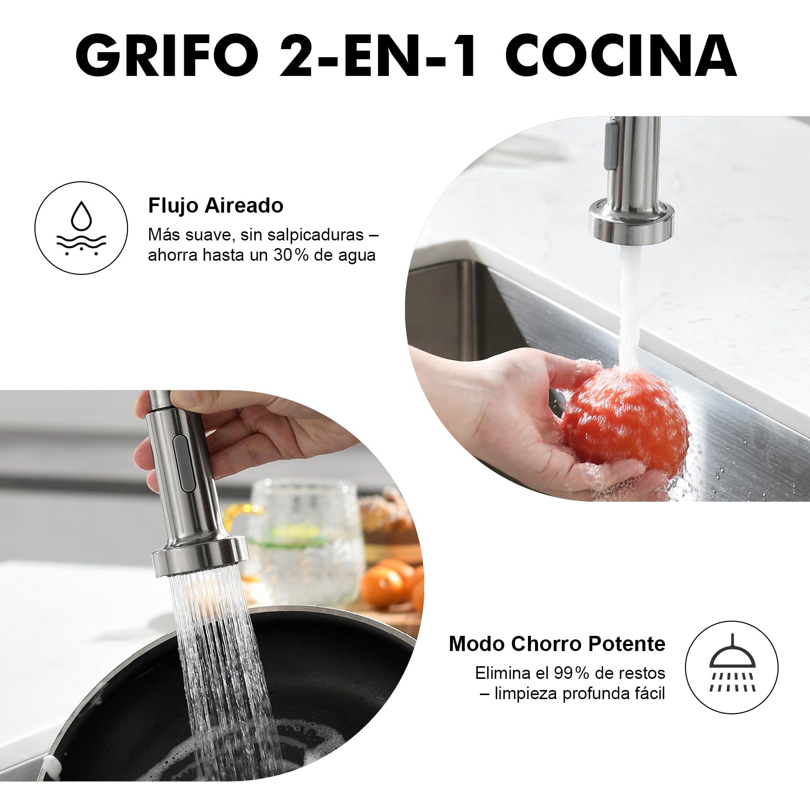 Ibergrif Grifo Cocina Extraible y Extensible - Acero Inoxidable 304, 360°Giratorio, 2 Modos Agua (Spray/Flujo), Manguera 40cm, Instalación Rápida, Monomando, M22143A