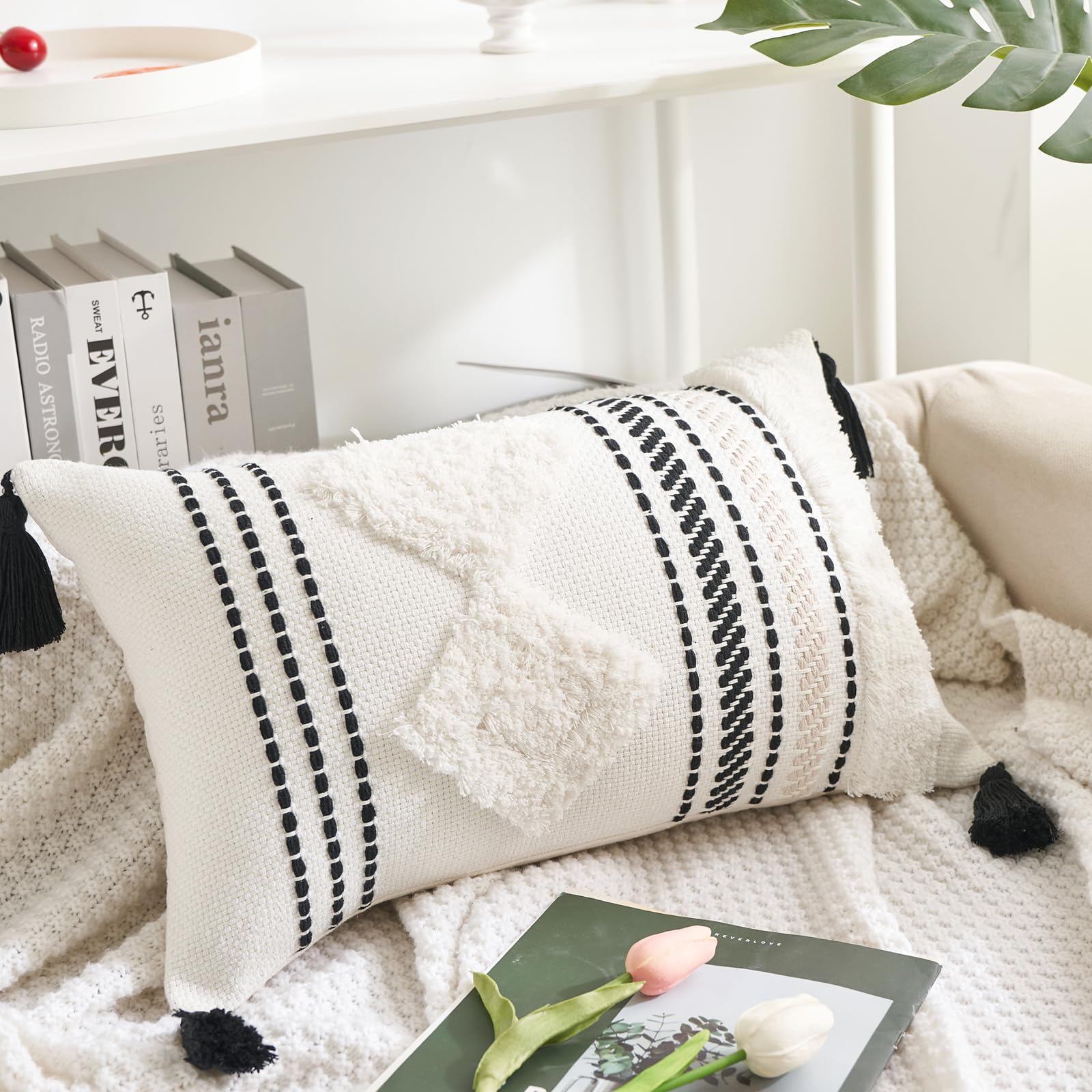 Boho Decorative Pillow Cover 12x20 inch, Tufted Throw Pillow Cover for Bed, Lumbar Accent Textured Striped Woven Pillow Cover for Couch Sofa, Pack of 1 (Only Cover)