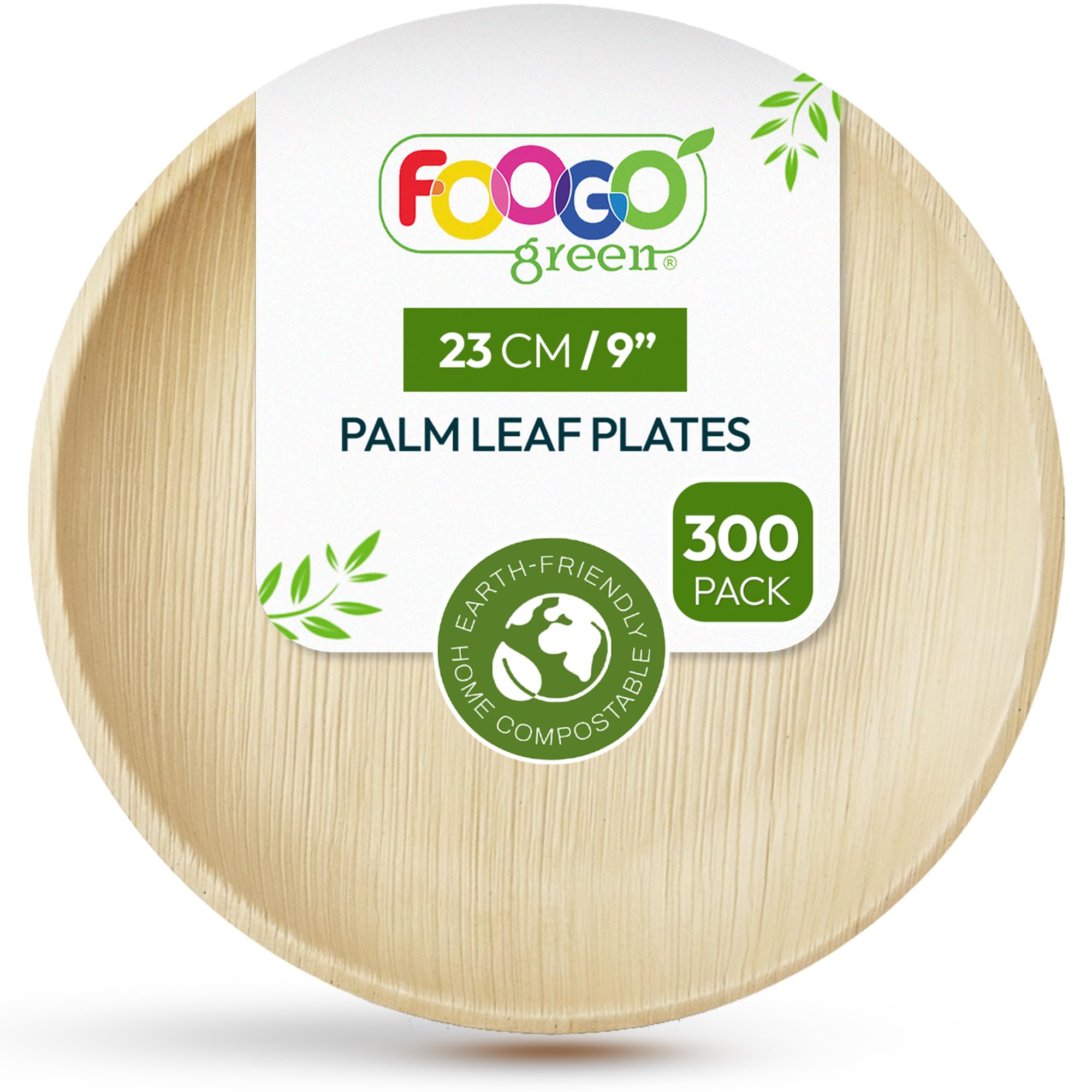 FOOGO Green 300pcs Disposable Palm Leaf Plates 9"(23cm), Large Round, Eco Friendly Biodegradable Compostable Like Wooden, Bamboo, Paper Plates, for Hot Food Picnic Parties