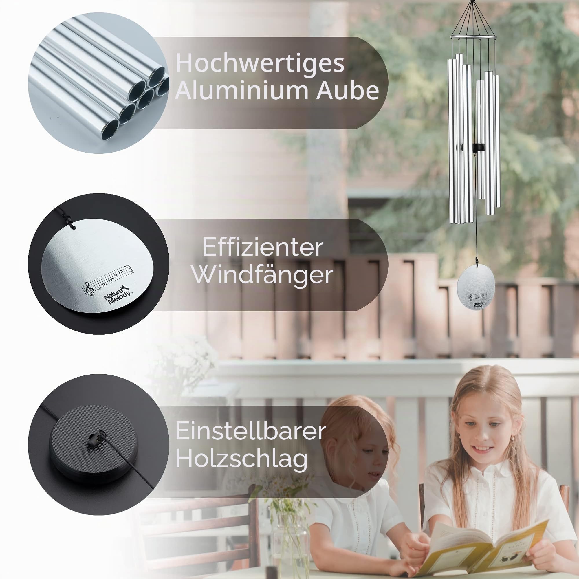 OSVINO Klangspiele Windspiele Aluminium mit Klang Gesamtlänge 90cm groß für drinnen draußen Balkon Garten Hof Terasse, Silber