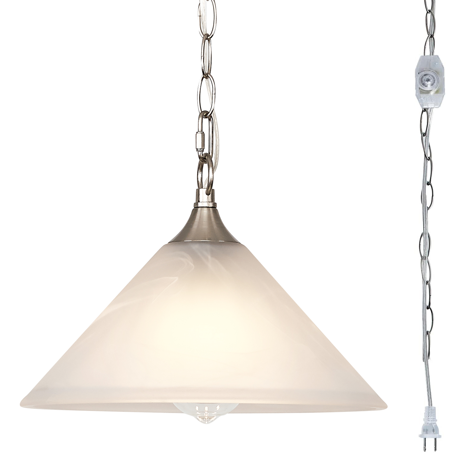 Image of Plug in Pendant Light Alabaster Glass Dome Shade Hanging Lamp with Dimmable On /Off Switch,16.4Ft Cord & 14.7Ft Chain Brushed Nickel Swag Light Fixture for Kitchen Sink Bar Nook Farmhouse