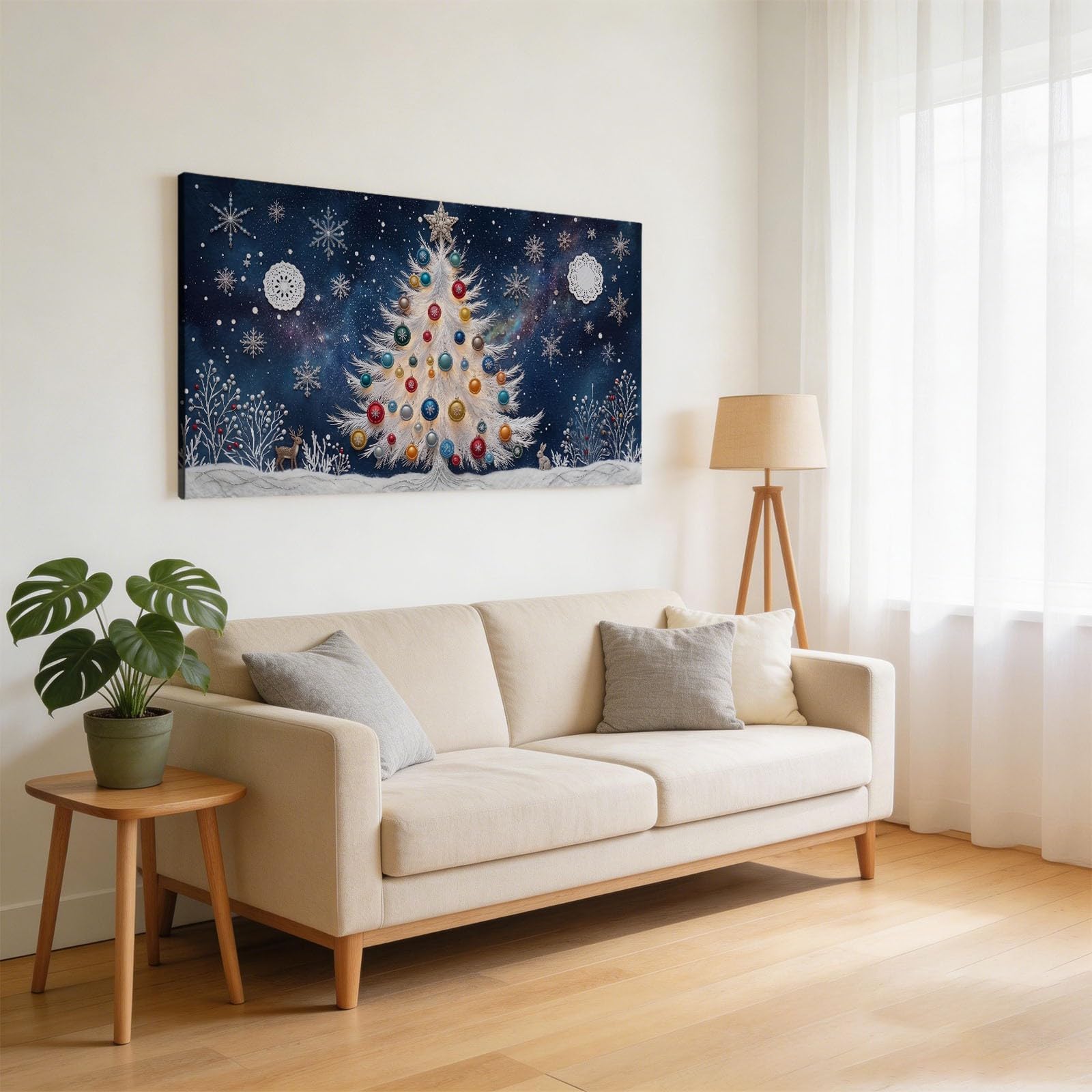 Obrazy na płótnie 140 x 70 cm, obraz na płótnie, Boże Narodzenie, duży dekoracyjny obraz ścienny, krajobraz śnieżny, płatki śniegu, sosna, druk artystyczny do salonu, sypialni, kuchni, dekoracja