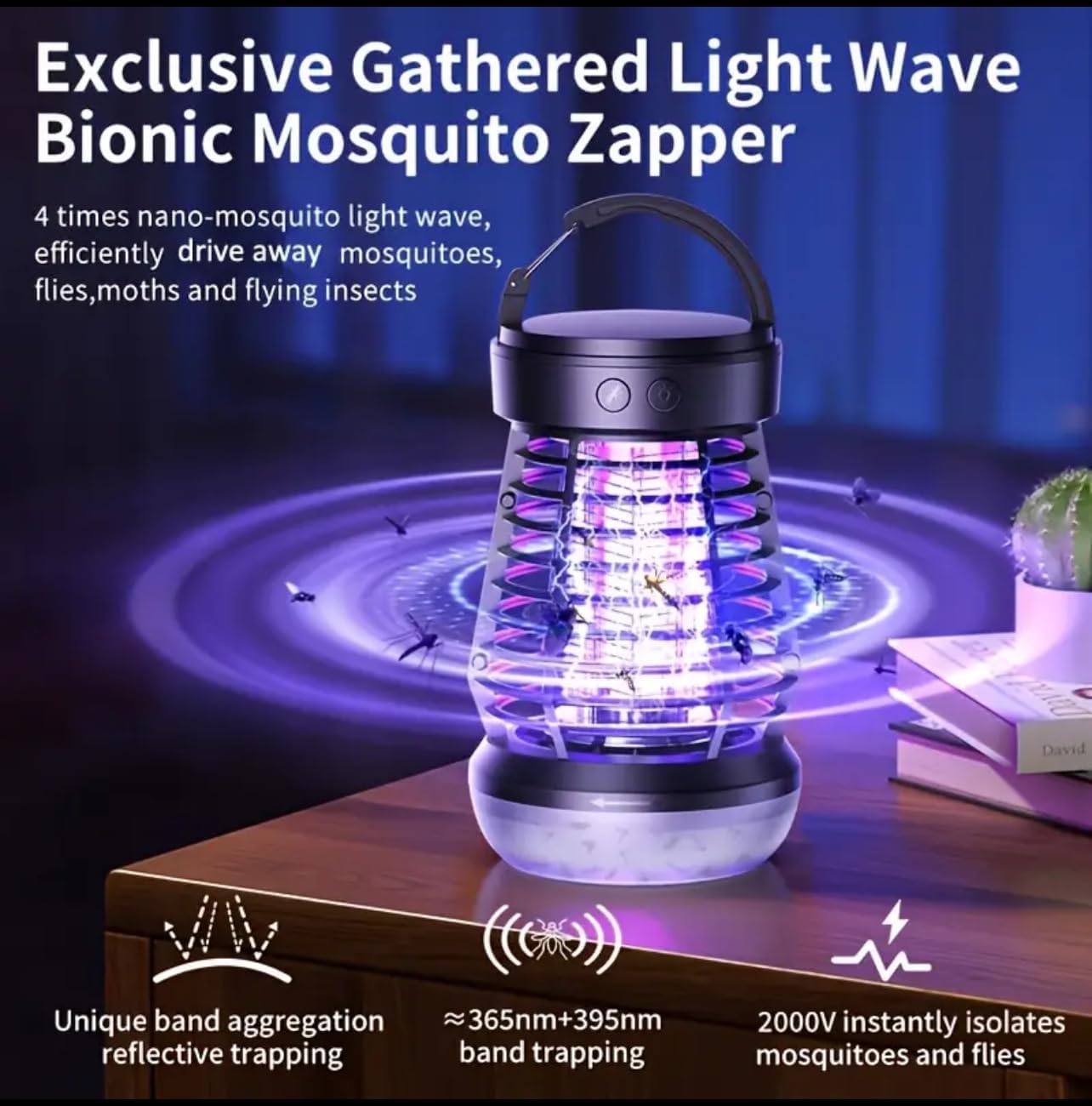 AOKKR Lámpara Antimosquitos UV 2000V, Matamosquitos Eléctrico Recargable 2000mAh con Carga USB, Carcasa ABS Impermeable, Luz LED Suave y Luz SOS, para Camping, Jardín, Balcón y Dormitorio — view 3