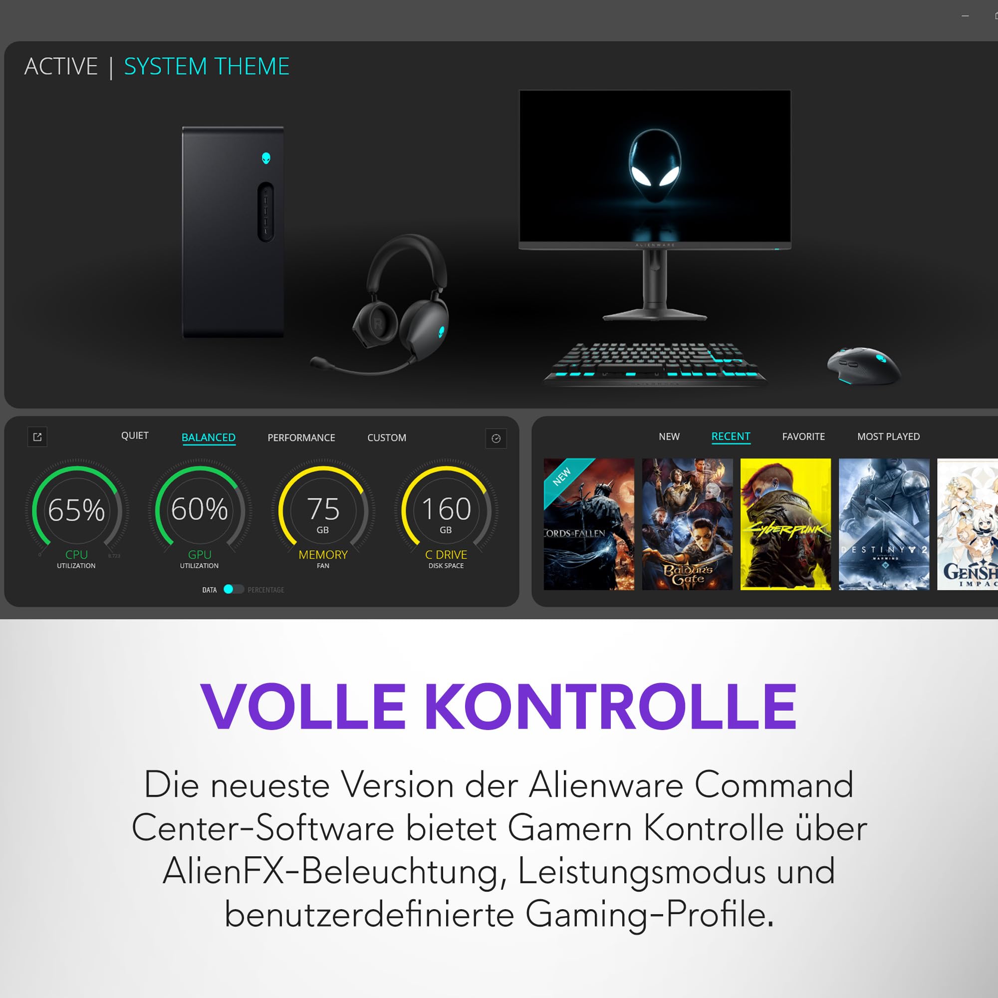 Alienware Aurora Gaming-PC ACT1250 – Intel Core Ultra 7 265KF Series 2, Nvidia GeForce RTX 5070, 32 GB DDR5, 1 TB SSD, Flüssigkühlung, 1000W Netzteil, Windows 11 Home, Seitenscheibe – Schwarz Basalt