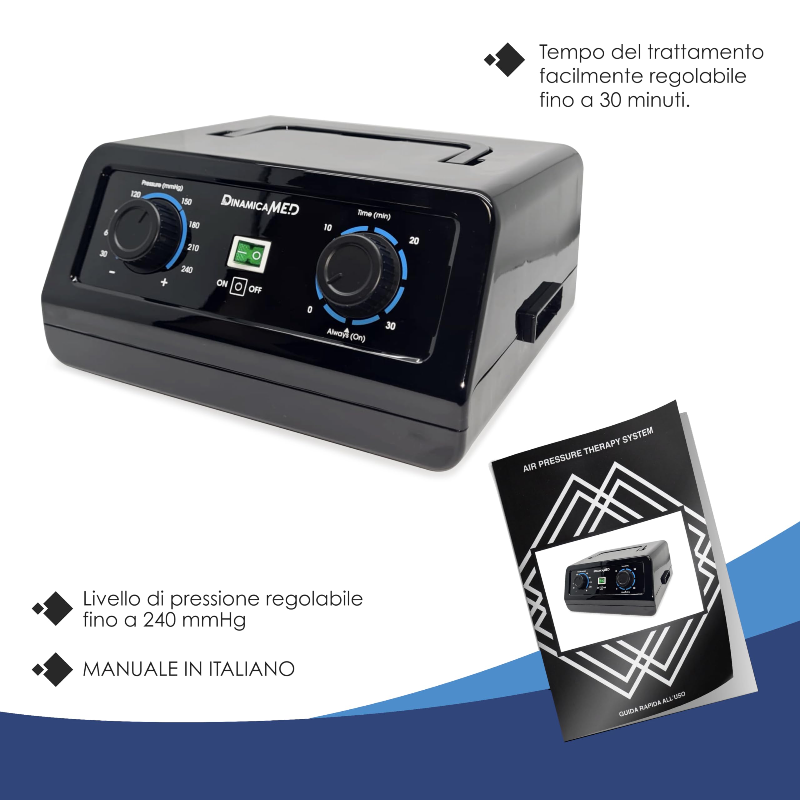 Dinamicamed ®Premium 4.0 Pressoterapia Linfodrenaggio Professionale Manuale Compact, Pressoterapia per Casa, Massaggio Linfodrenante a 4 Camere d'Aria con Gambali XL e Bracciale