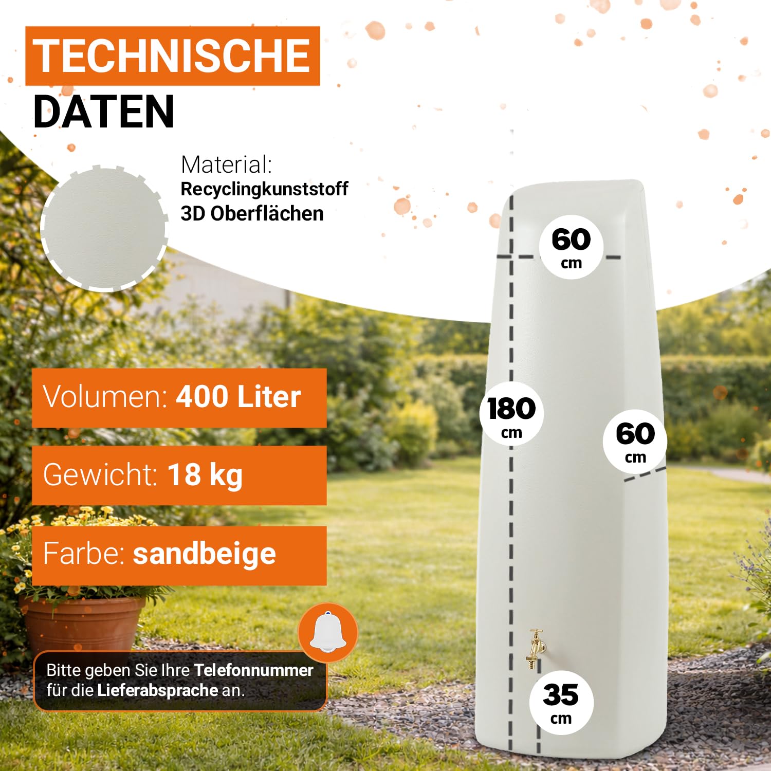 GARANTIA Elegance Regentonne 400 Liter sandbeige Wandtank, Wassertank