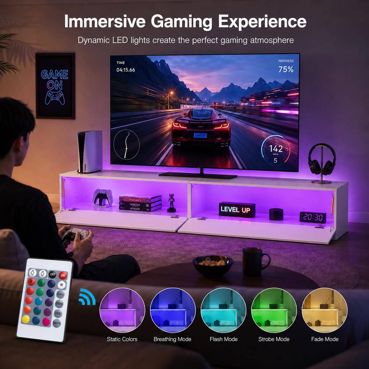 Mueble TV LED RGB 180 cm Blanco, suspendido o con Patas | Mueble TV LED RGB 180 cm con mando, 2 puertas abatibles, almacenaje cerrado y montaje en pared o con patas