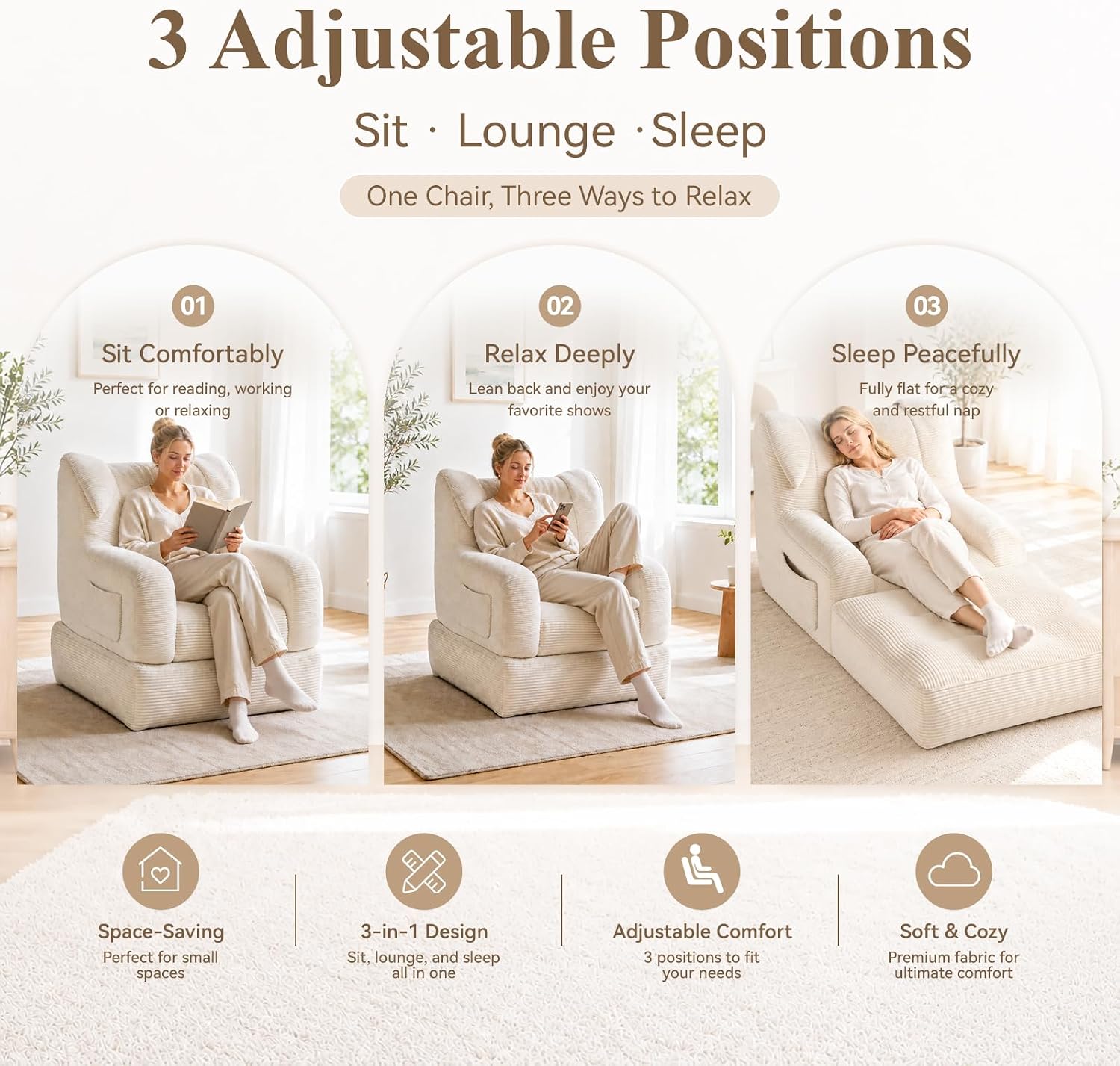 Ergonomic Corduroy Bean Bag Chair, 2-in-1 Foldable Floor Sofa Lounger with Backrest & Armrests, Memory Foam Pre-Filled Gaming Couch with Side Pocket, Modular Furniture for Adults, White