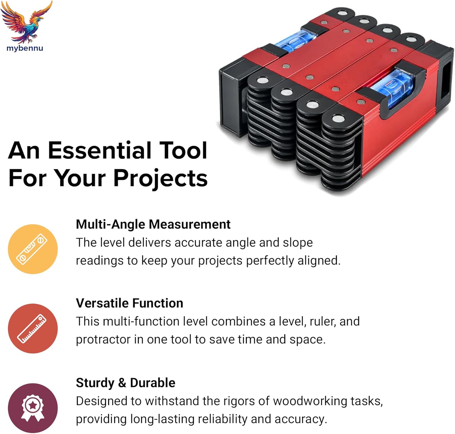 MyBennu Heavy Duty Foldable Multi Angle Level Tool – Portable Collapsible Aluminum Ruler with Spirit Vials for Carpentry, Construction, DIY Projects & Trade Professionals