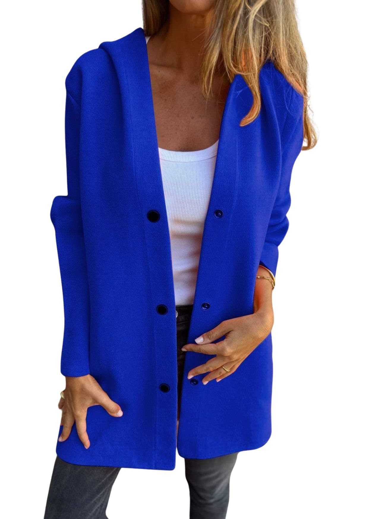 HOTYD Womens Solid Casual Single Breasted Hooded Jacket Button Long Sleeve Trench Coat with Pockets Fashion Fall Winter