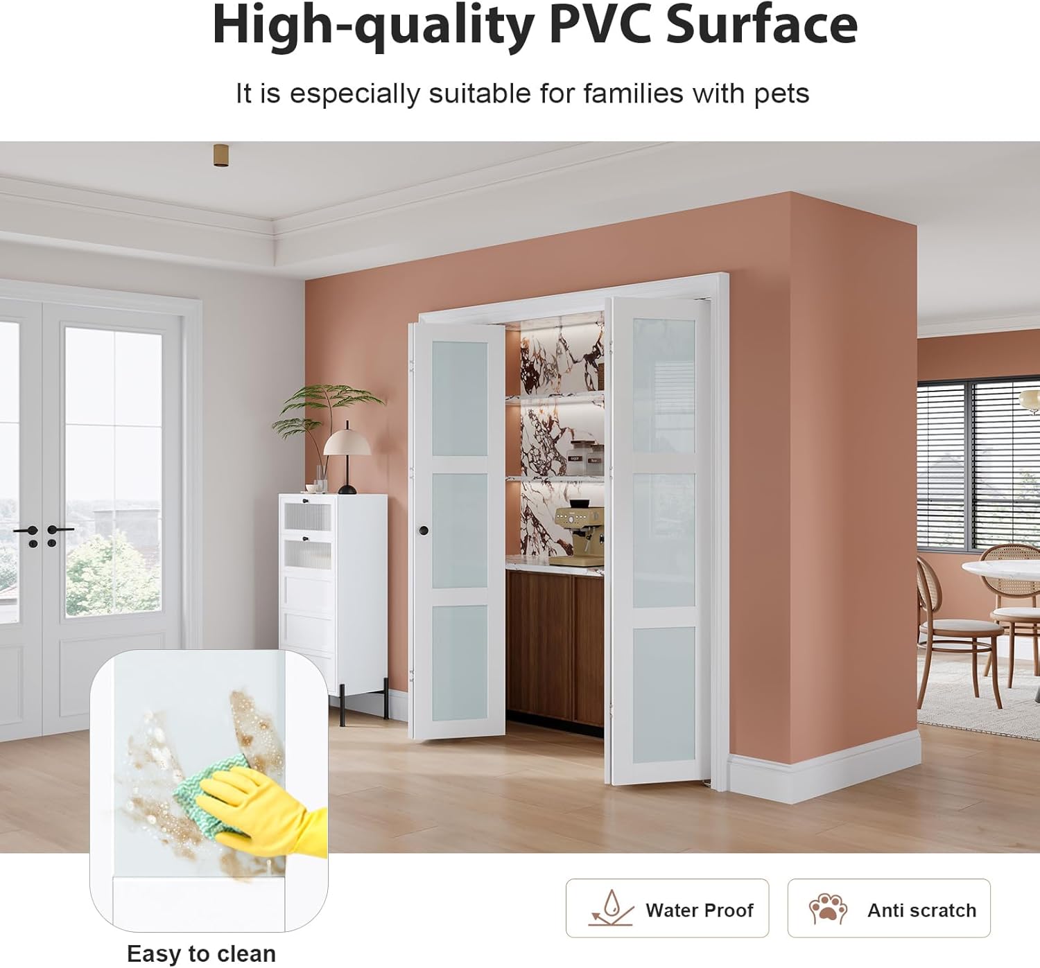 EaseLife Preassembled Bi-Fold Doors, for 60"x 80" Opening,Tempered Frosted Glass Closet Folding Barn Door with Concealed Hardware Kit,MDF Wood Panel,Water-Proof PVC Surface,Easy Installation