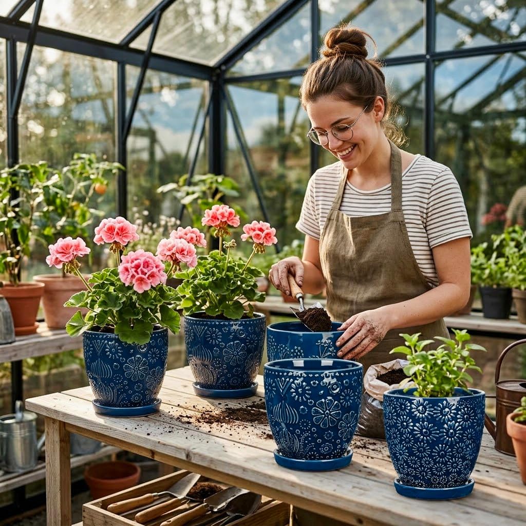 Oairse 3er-Set Keramik Blumentopfe mit Abflussloch und Untersetzer, 15 cm