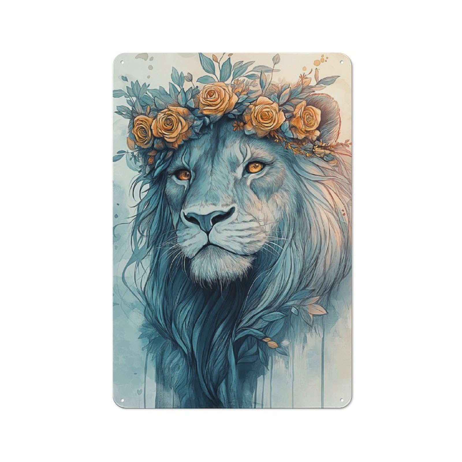 Junmoney Lion With Floral Crown Printed Metal Sign 30X20cm For Hobby Room Or Studio, For Creative Interior Collectors