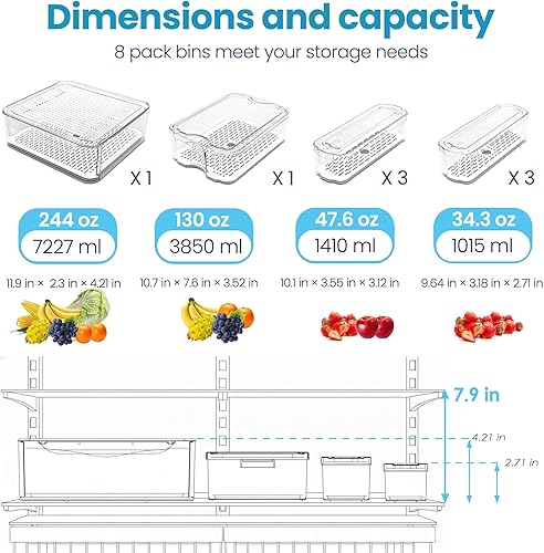 Miniatura 3 de Paquete de 8 organizadores y almacenamiento para refrigerador, contenedores extraíbles transparentes y organizadores con tapas, contenedores de
