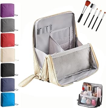 Standing Makeup Bag, Portable Large Capacity Cosmetic Toiletry Bag, Multi-Purpose Waterproof Storage Pouch with Compartments, Stationery Organizer for Home, Vacation Beige