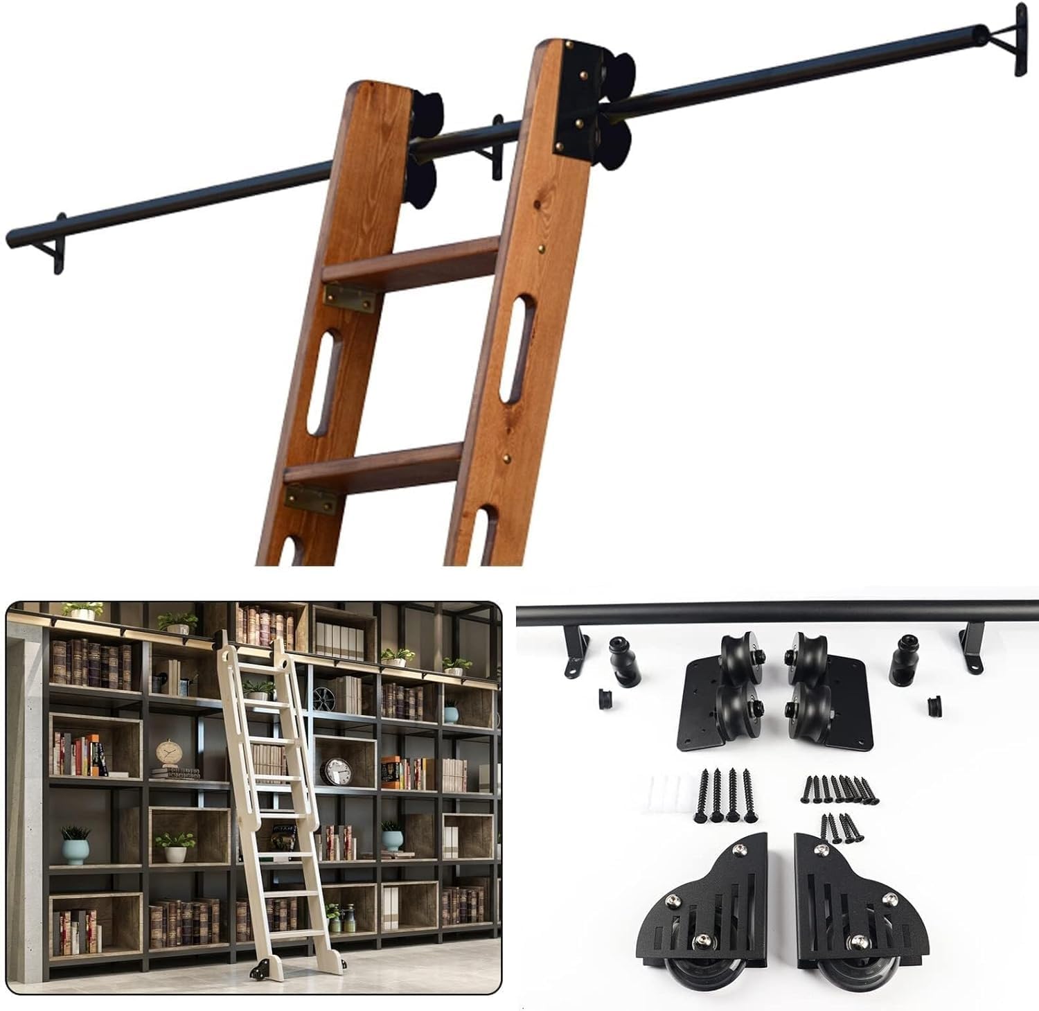 Rolling Library Ladder Hardware Kit, Track Hardware Kit Ladder Track System Sliding Wood Door Rail Kit Closet Kit Round Tube Steel Slide(6.6ft/200cm Track Kit)
