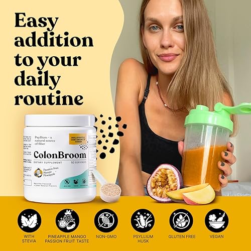 Miniatura 8 de ColonBroom Polvo de cáscara de psyllium con stevia (frutas tropicales)  Limpieza de colon para alivio de la hinchazón y salud intestinal  Bebida en
