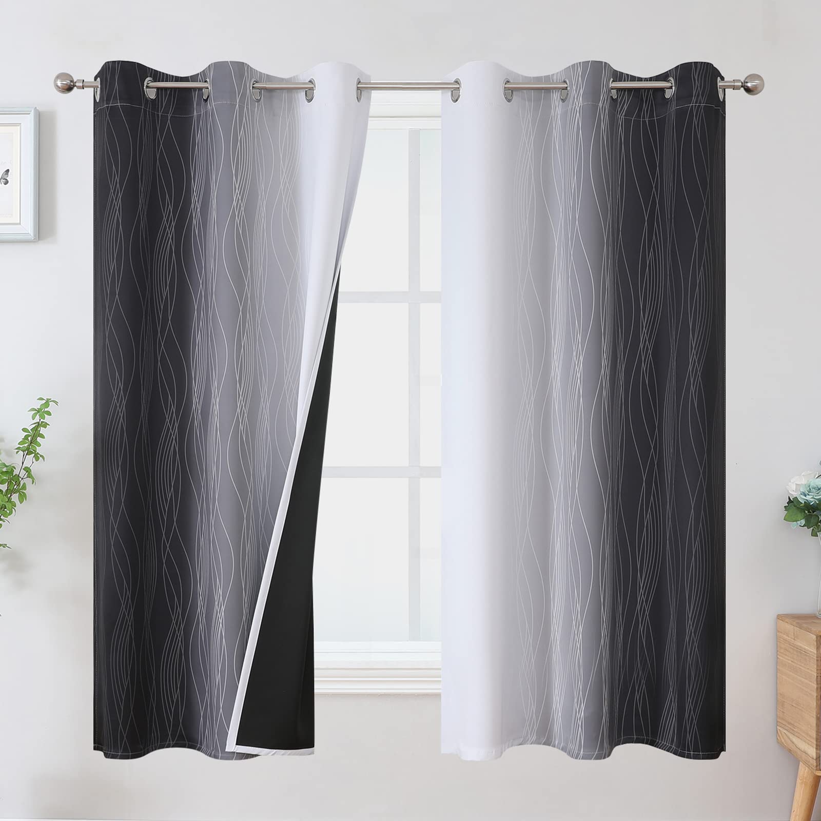Estelar Textiler Ombre Greyish White and Black Blackout Curtains & Drapes 63 Inch Length 2 Panels for Bedroom, Thermal Insulated Full Light Blocking