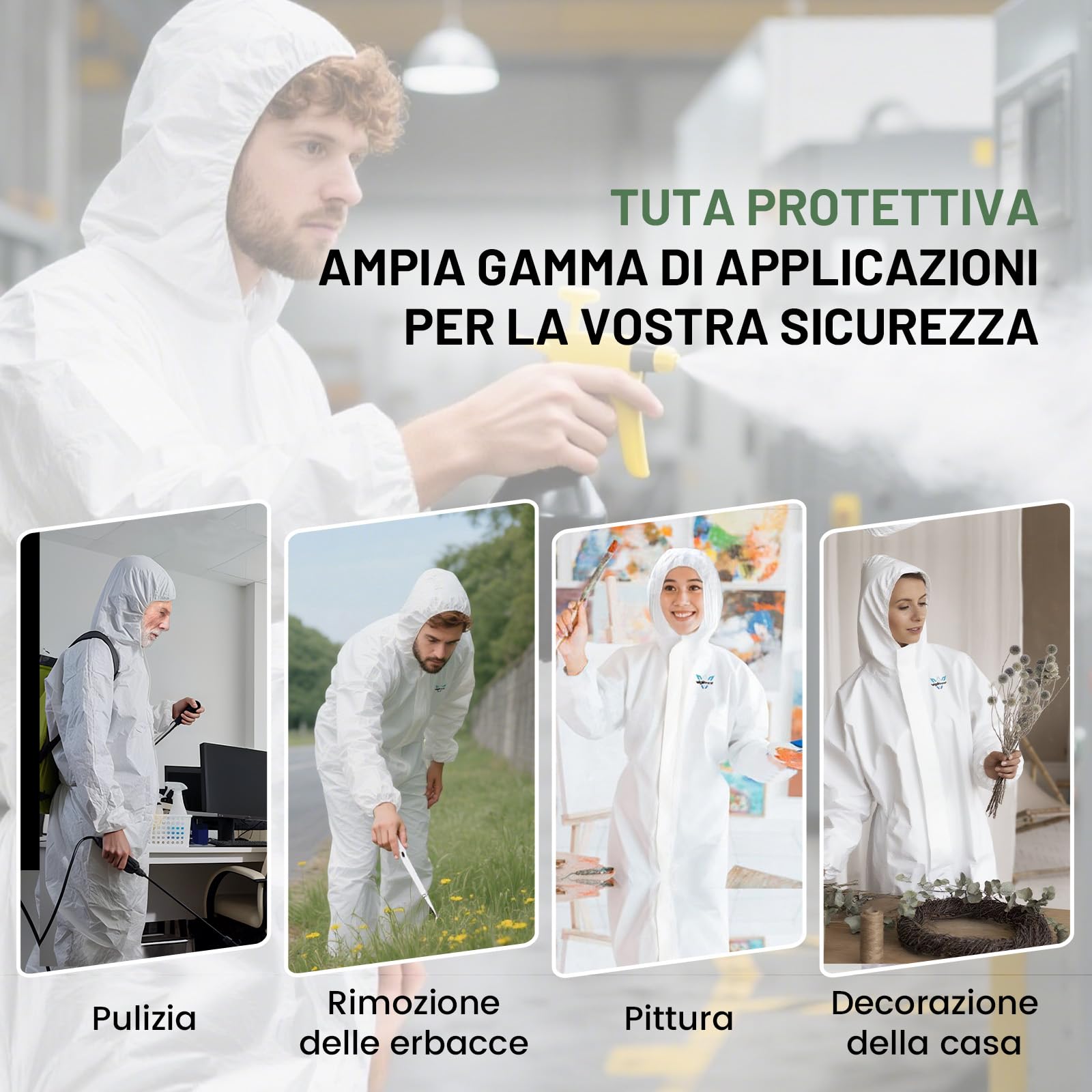 VigiFront Tuta Protettiva Usa e Getta, Tuta Protettiva, 7 Opzioni di Taglia, con Polsini, Caviglie e Cappuccio Elasticizzati