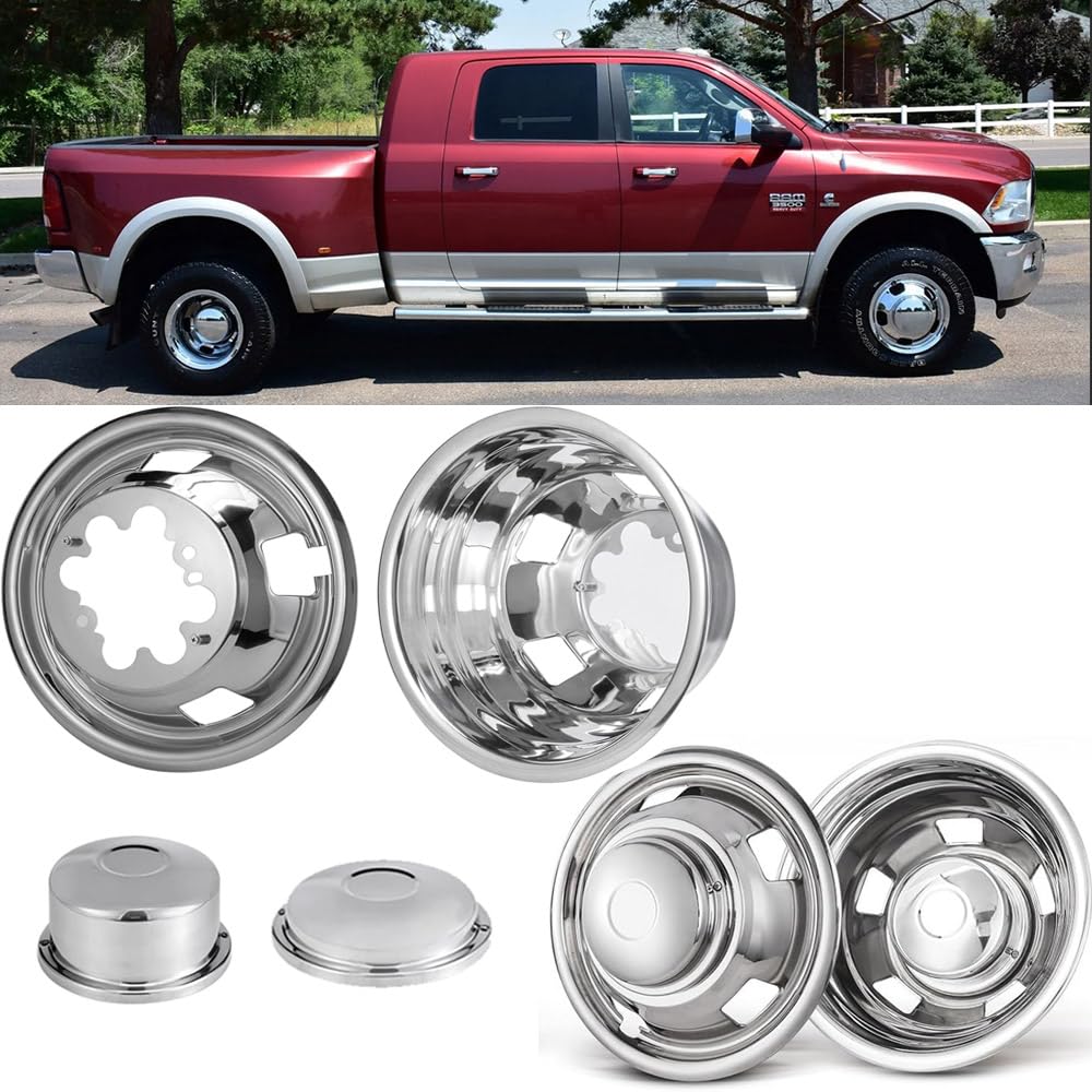 Lifeinfinity Set of 4 17inch Stainless Steel Dually Wheel Simulators, Bolt On Wheel Cover with Removable Centre Cap,8 Lug Hubcaps Fit for 2003-2018
